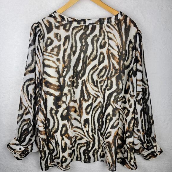 2X Blouse VNeck Animal Button Up Flowy Sheer Long Sleeve Tunic Top Office Career - Picture 5 of 12